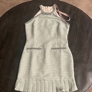 Mint Green Tweed Halter Shift Dress w/ Contrast Trim & Pleated Hem - Medium